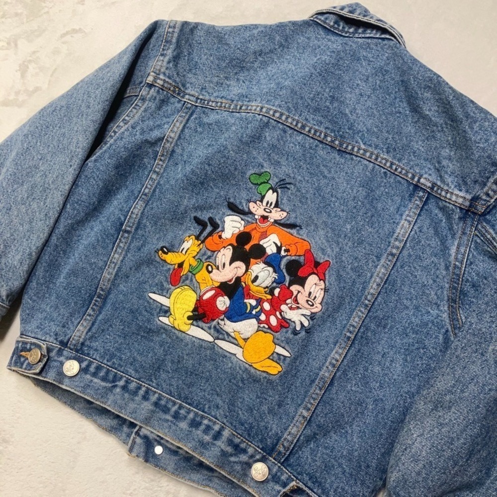 VTG Disney Store Kids‎ M Crop Denim Jacket Mickey Mouse & Friends Embroidered